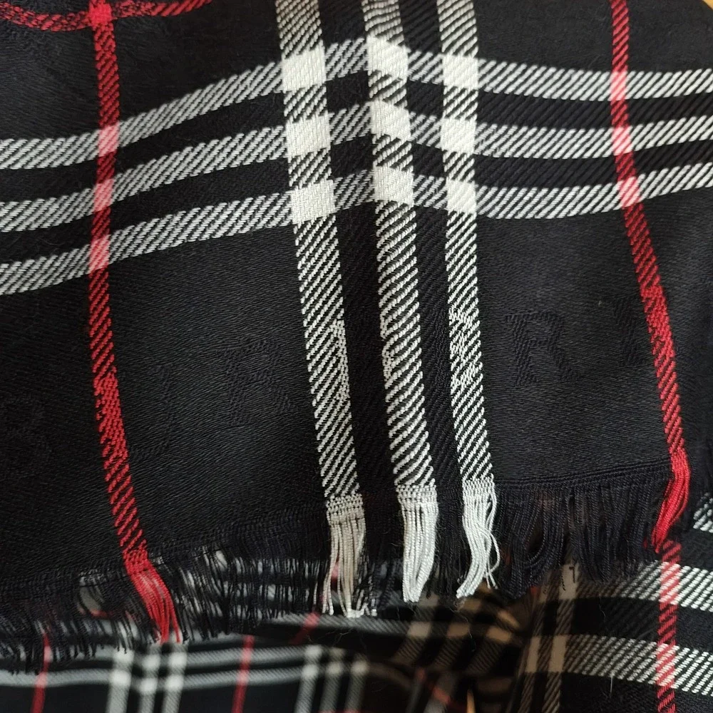 Burberry Nova Check Scarf Stole Muffler Black 100% Cashmere England Embroidered